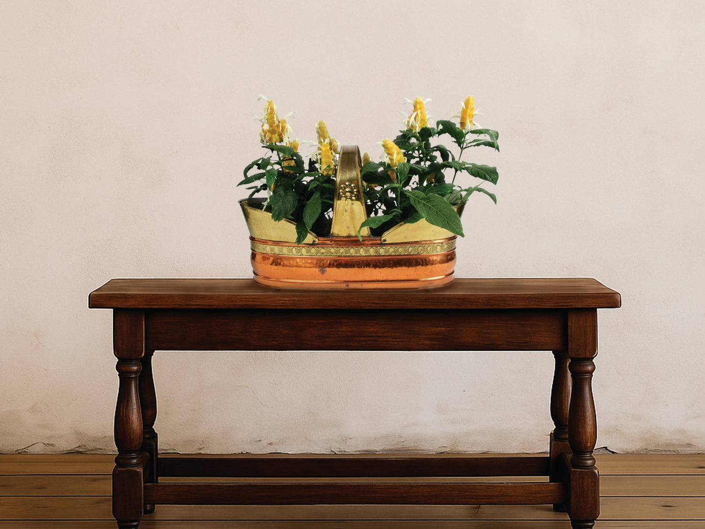 vintage plant holder made of brass and copper with aluminum insert for the perfect indoor planter pot