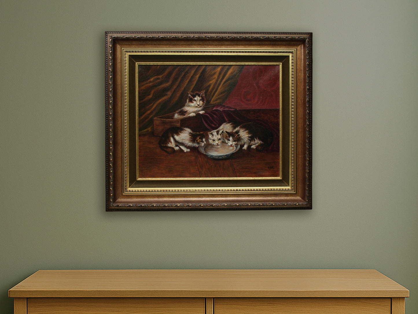 Vintage oil painting of playful kittens. Charming original artwork and a perfect gift for cat lovers.