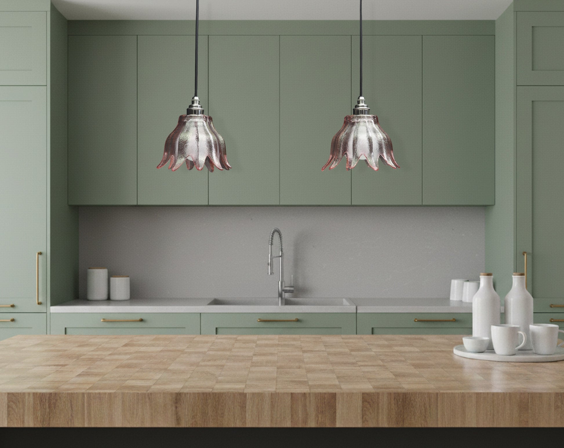 Introducing our antique lighting glass shades transformed into stylish modern pendant lights! These exquisite pink shades are 2 of 7 we salvaged from a beautiful but worn-out antique chandelier. Capture the essence of vintage charm while adding a touch of contemporary elegance to your space with these gorgeous hanging lights.