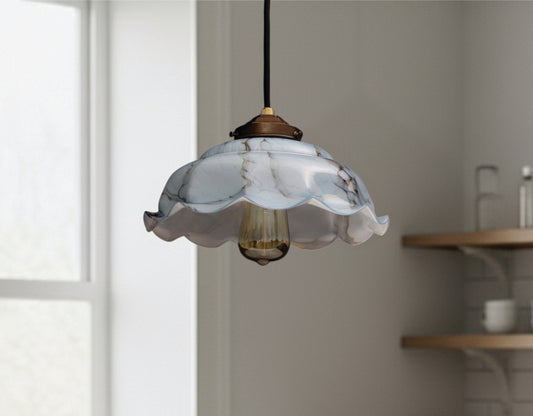 Elegant antique blue marbled glass shade discovered at an antique sale here in Belgium estimated 1930's. We have transformed this unique lampshade into a one-of-a-kind glass pendant hanging light that will be the focal point in your modern or vintage home decor.