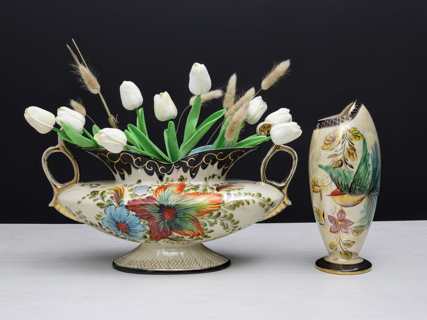 Elegant hand-painted jardiniere and porcelain vase by H. Bequet, with floral details and gold accent makes an ideal centerpiece vase for modern or vintage home decor