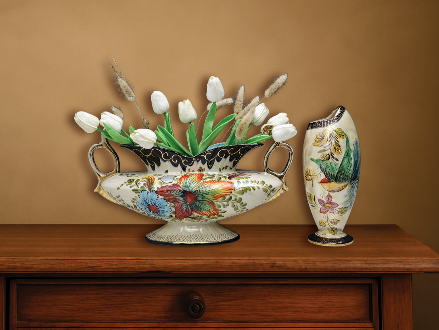 H.Bequet Jardiniere & Porcelain Vase