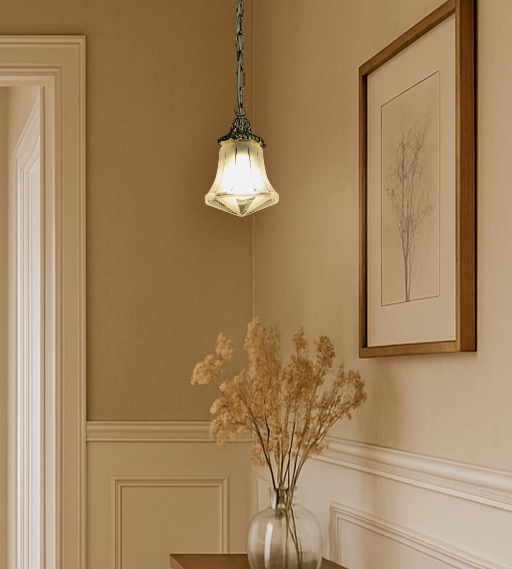 Antique glass Pendant Light| Entryway Lighting Fixture| Brass Pendant Light- Vintage Home Decor