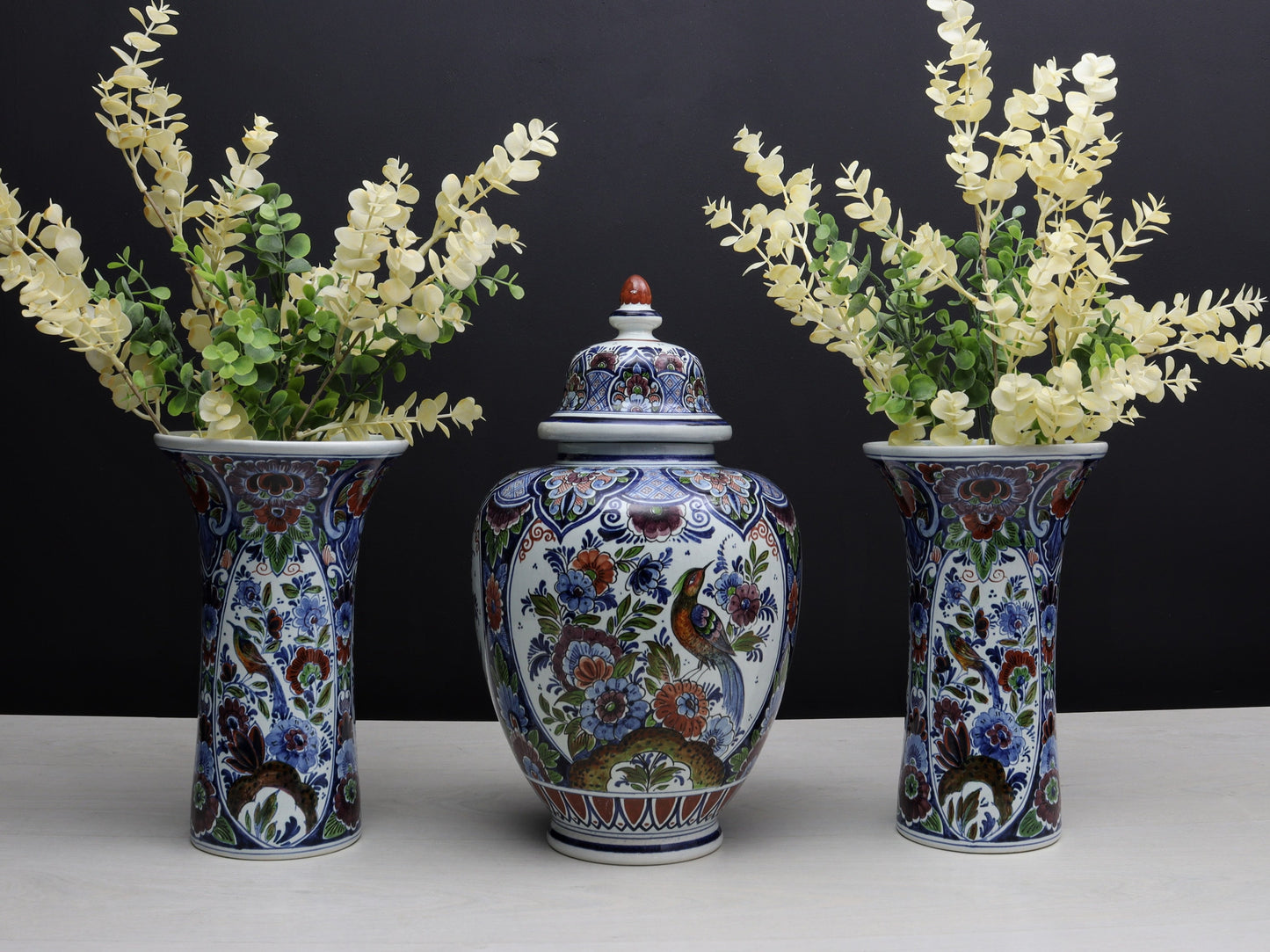 Large Multicolored Flower Vase Set: Vintage Delft Polychrome Ginger Jar & Vases