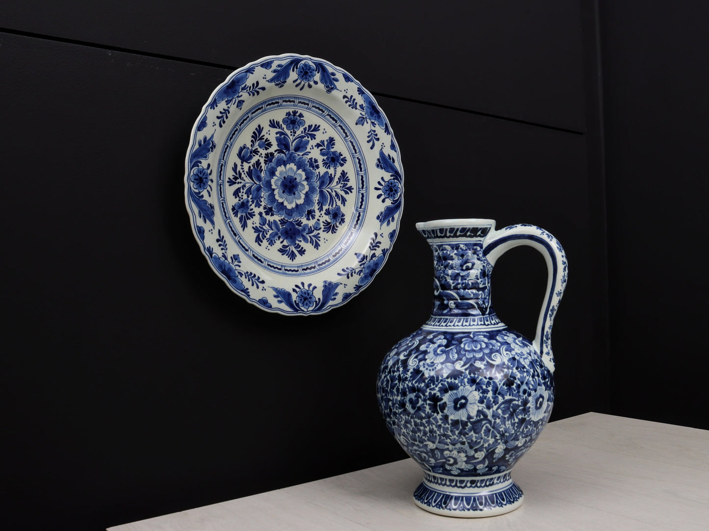 Delft Blue and White Pottery Set | Delftware Charger Plate and Pitcher | Vintage Home Decor