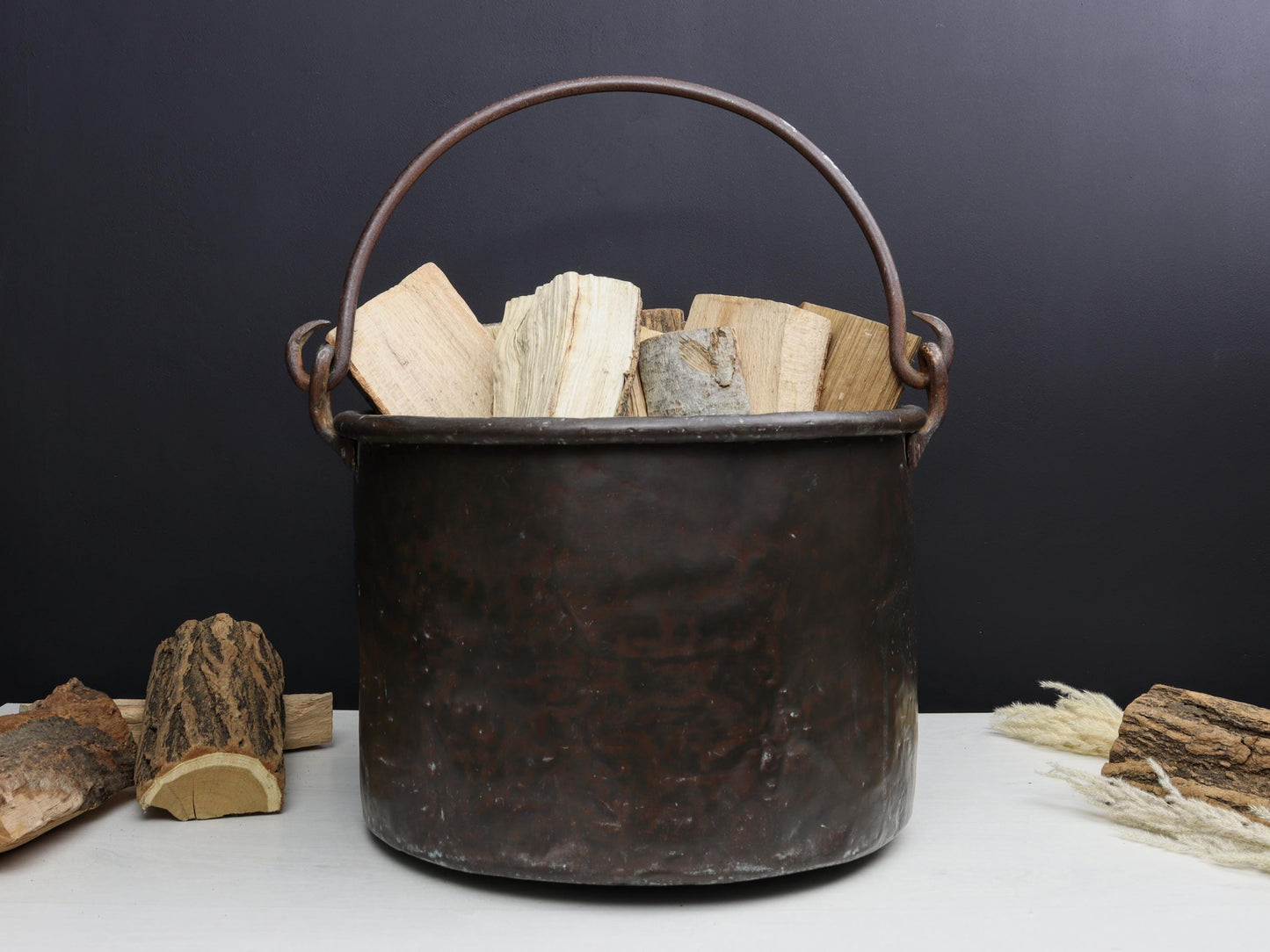 Antique Kettle-Copper Cauldron | Firewood Holder / Log Holder- Fireplace Decor