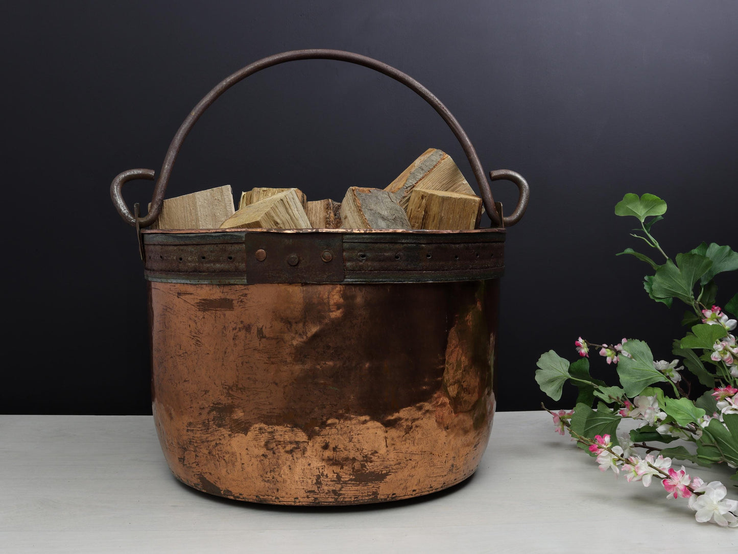 Antique Copper Cauldron-Firewood Holder |Farmhouse Decor-Log Holder| Fireplace Decor-Vintage Home Decor