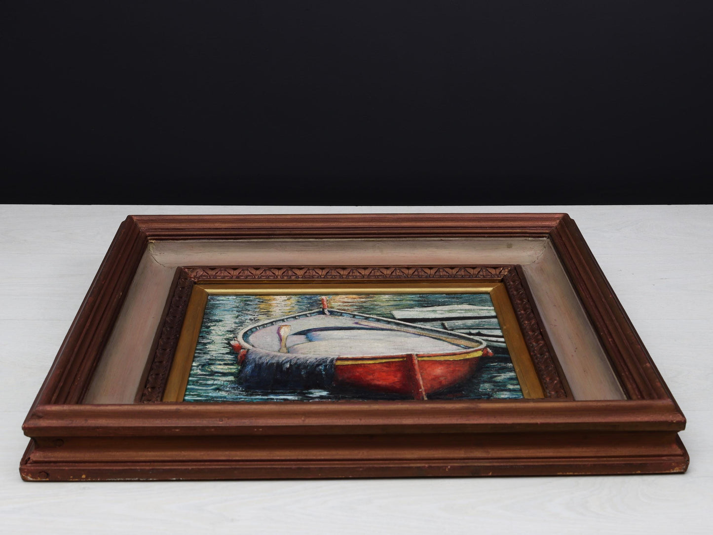 Vintage Boat Oil Painting, 1978 Nautical Decor, Camogli Italy Original Artwork, European Coastal Art