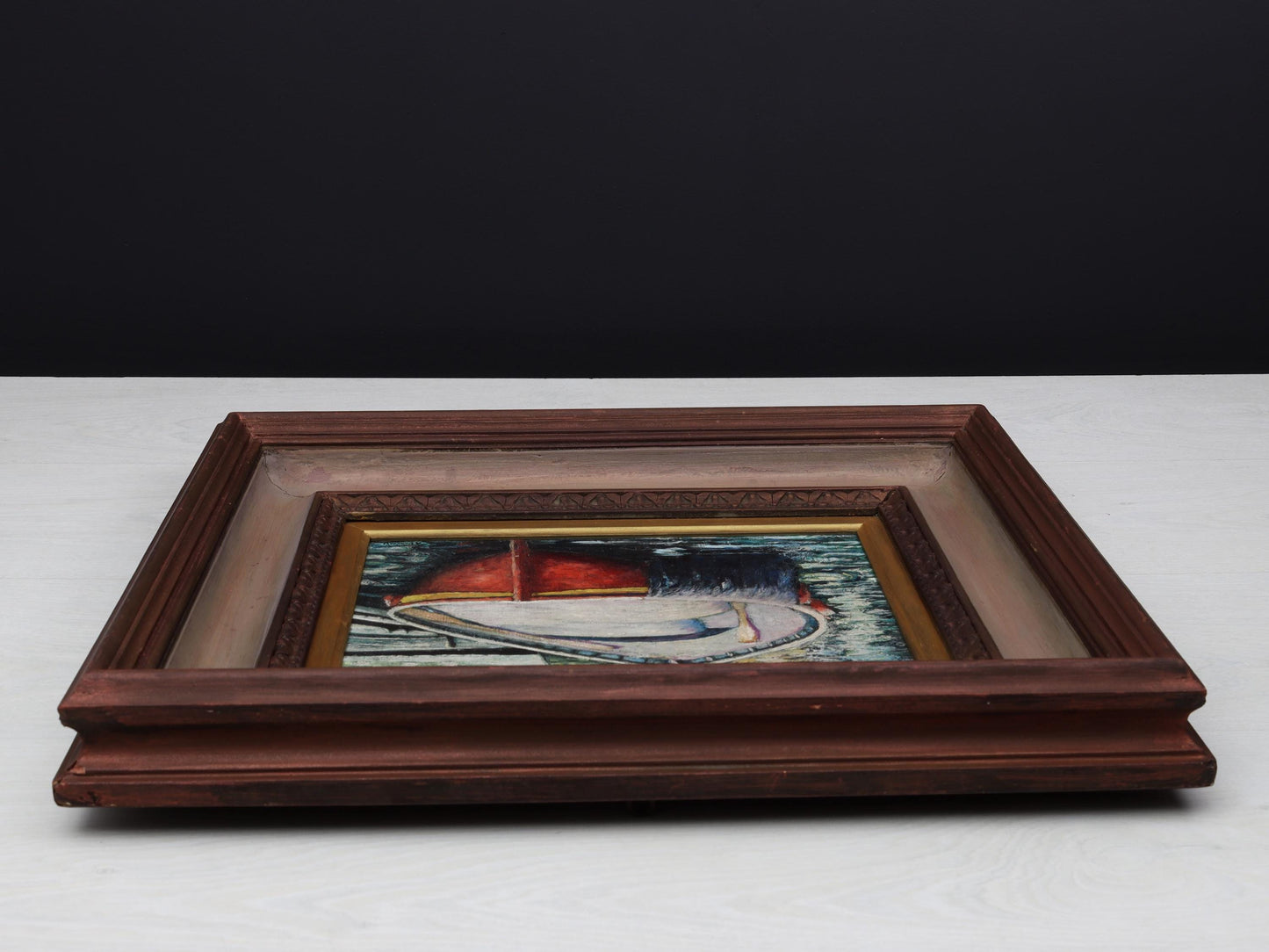 Vintage Boat Oil Painting, 1978 Nautical Decor, Camogli Italy Original Artwork, European Coastal Art