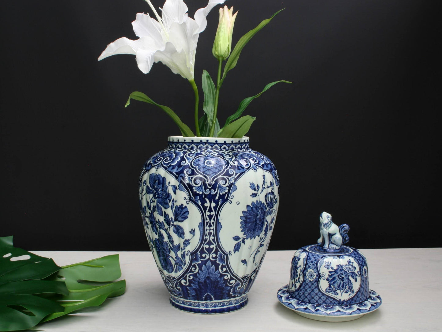 Delft Blue and White Vase -Large Ceramic Ginger Jar with Foo Dog Lid -Delft Pottery