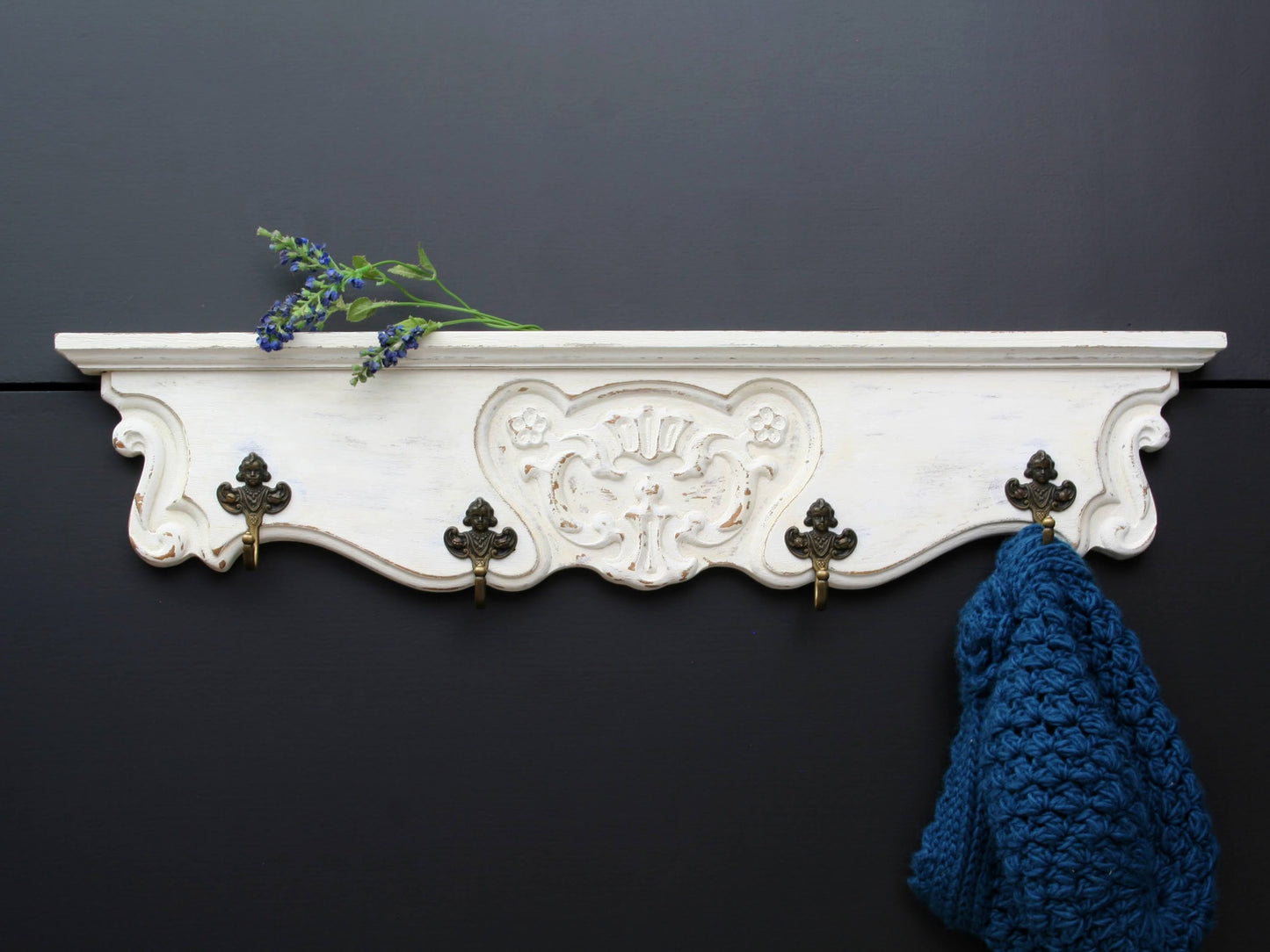 wall coat rack - wood coat rack with white chalk paint and 4 brass hooks