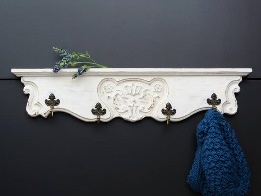 wall coat rack - wood coat rack with white chalk paint and 4 brass hooks