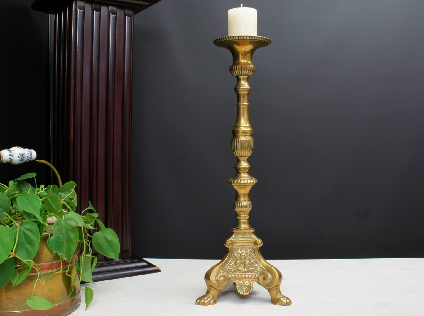 Tall brass pillar candle holder - mid century vintage