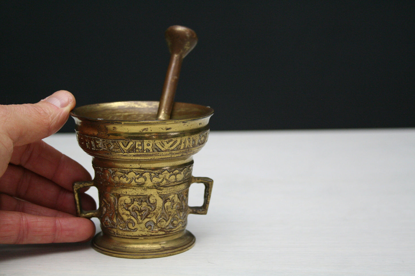 Antique Pharmacy-Mortar and Pestle-Fireplace Decor-Kitchen Decor-Unique Gift Ideas-Farmhouse Decor-Vintage Decor-Mortar Pestle-Brass Decor