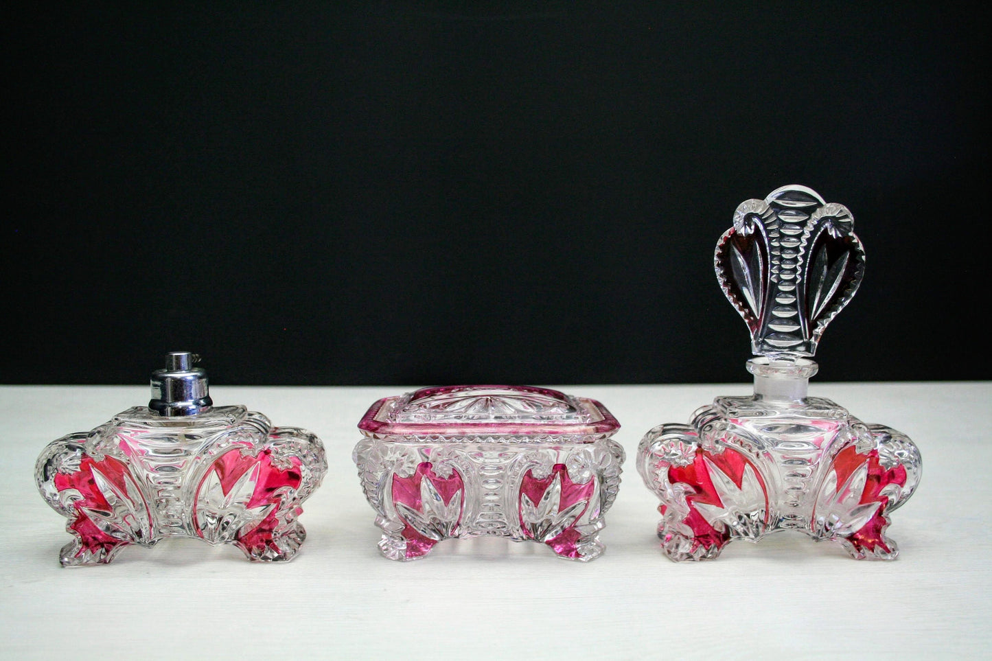 European-Antique Vanity Set-Perfume Bottle-Glass Jewelry Box-Unique Gift Ideas-Jewelry Storage-Perfume Atomizer-Vintage Home Decor-Antique