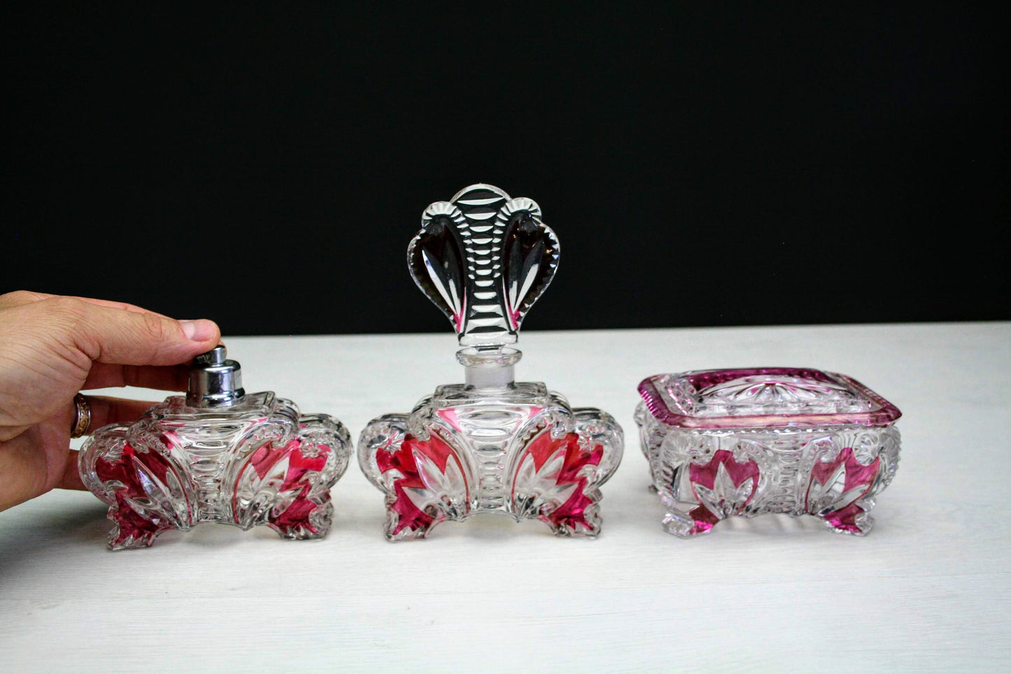 European-Antique Vanity Set-Perfume Bottle-Glass Jewelry Box-Unique Gift Ideas-Jewelry Storage-Perfume Atomizer-Vintage Home Decor-Antique