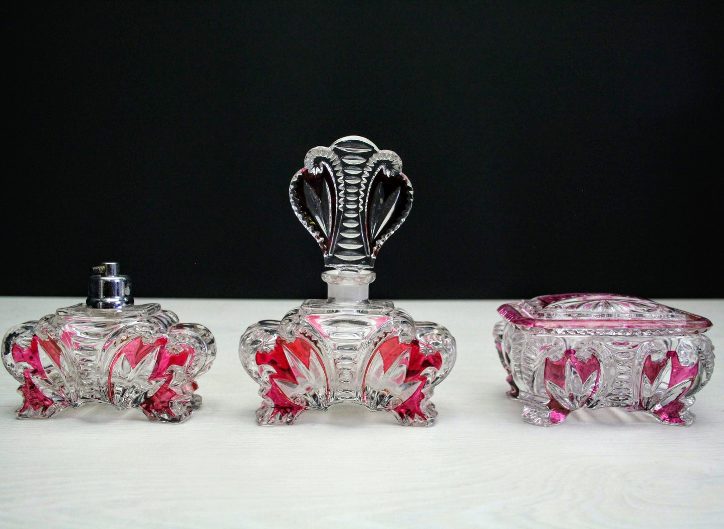 European-Antique Vanity Set-Perfume Bottle-Glass Jewelry Box-Unique Gift Ideas-Jewelry Storage-Perfume Atomizer-Vintage Home Decor-Antique