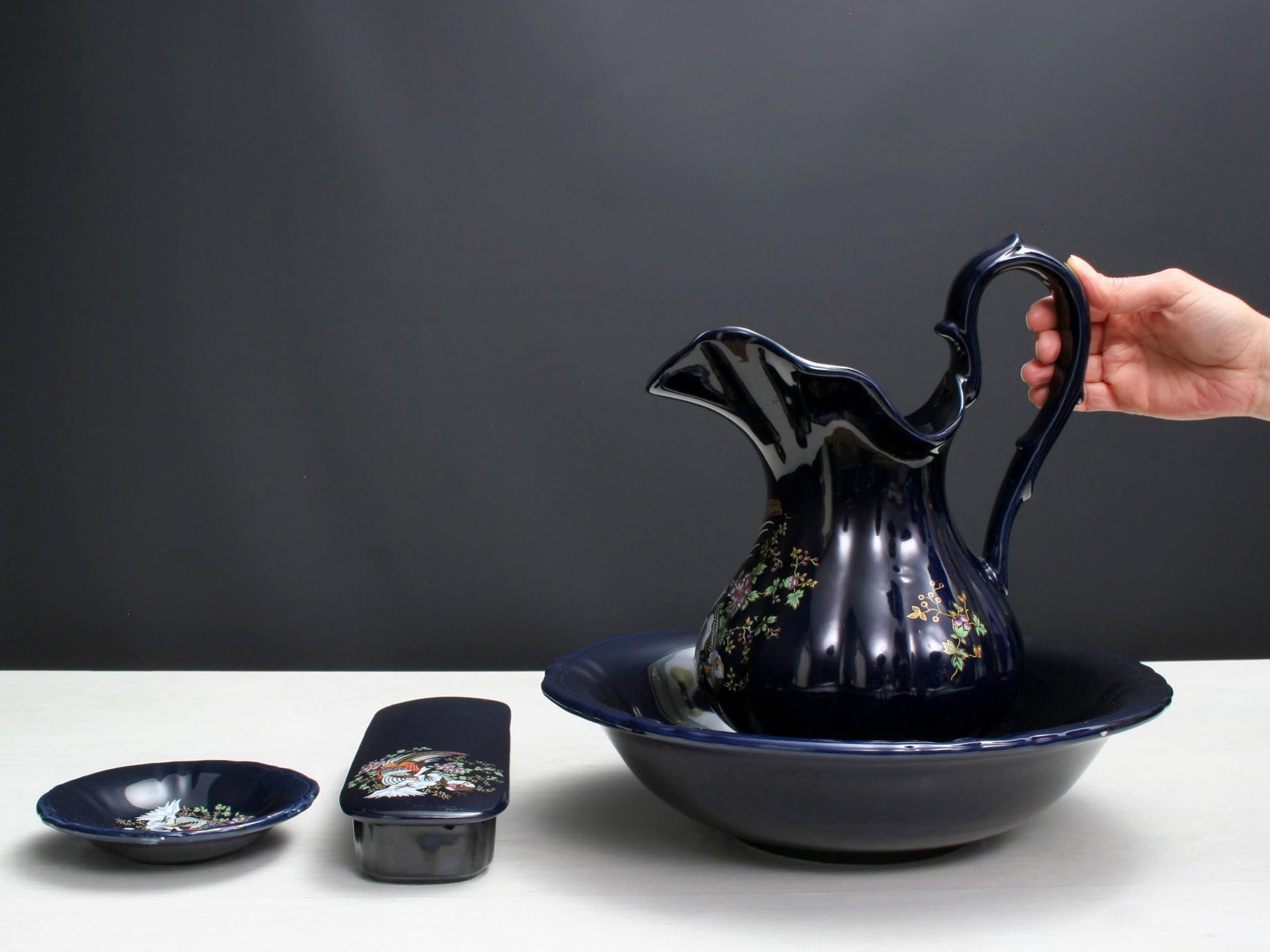 Vintage Wash Basin 4 piece set - pitcher, wash basin, soap dish & toothbrush holder | Vintage Decor Home Decorations | Bathroom Decor Deals