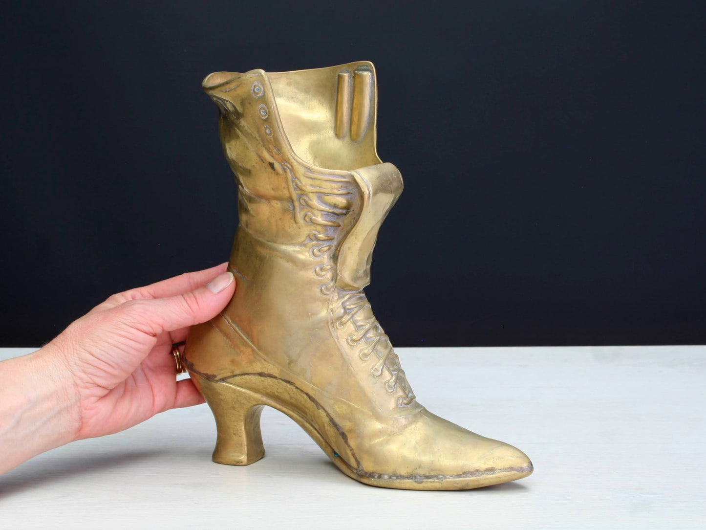 Large Vintage Brass Boot | impressive Flower Vase or Brass Planter | Brass Decor Collectibles for Shelf Decor & Table Decor