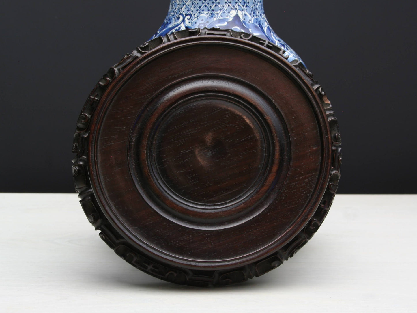 Delft Blue and White Vase with Wood Stand | Ceramic Vase for Home Decorations | Vintage Decor Flower Vase