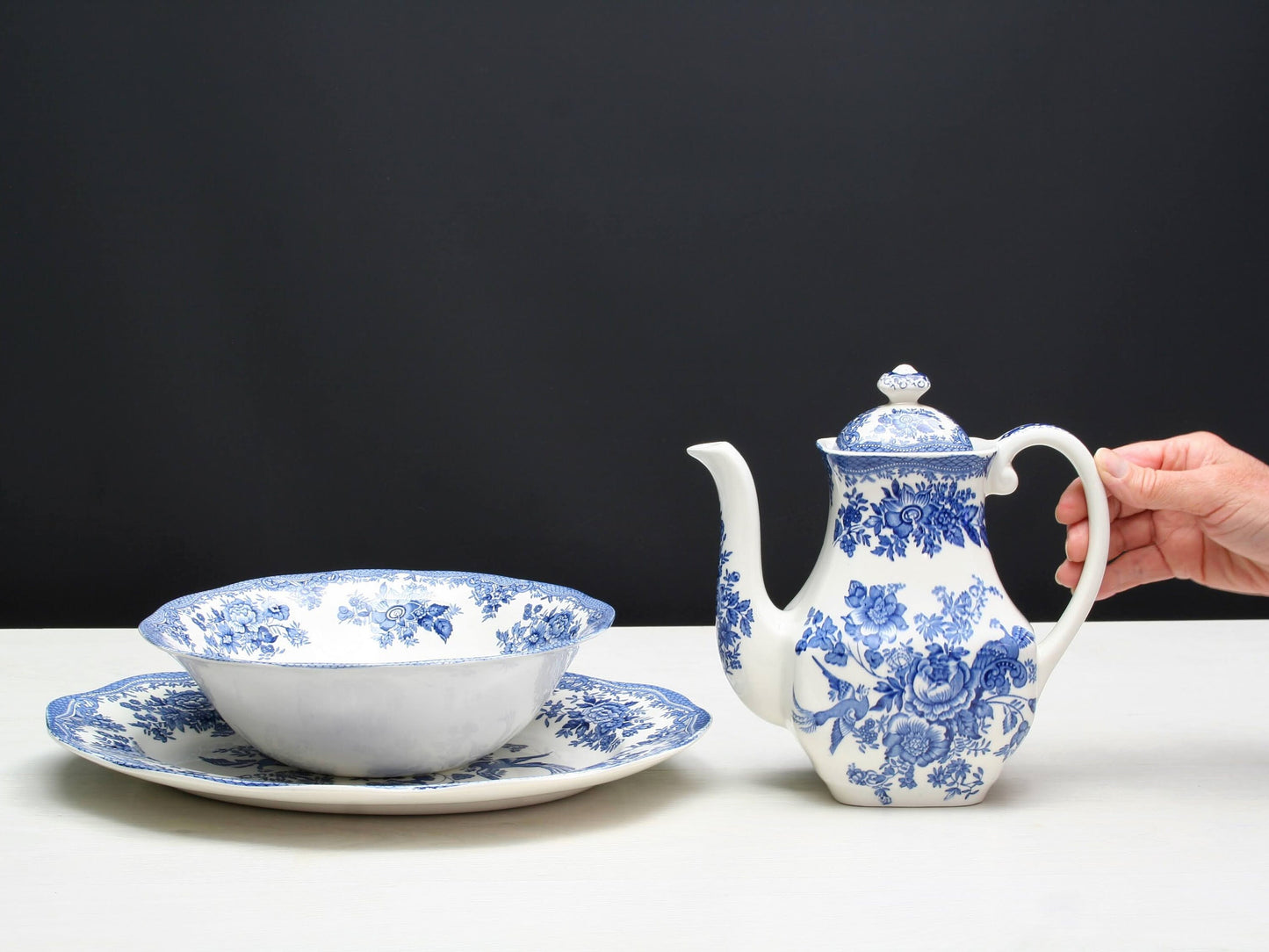 Enoch Wedgwood Kitchenware collectibles: teapot/coffee pitcher, platter, bowl | Blue and White Decor Tableware Made In England