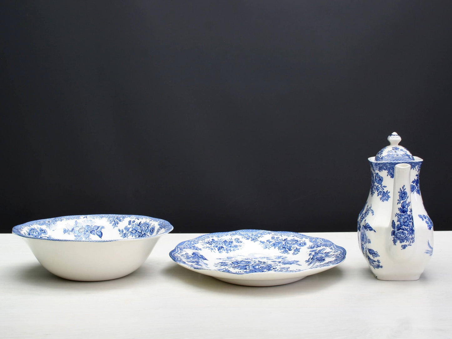 Enoch Wedgwood Kitchenware collectibles: teapot/coffee pitcher, platter, bowl | Blue and White Decor Tableware Made In England