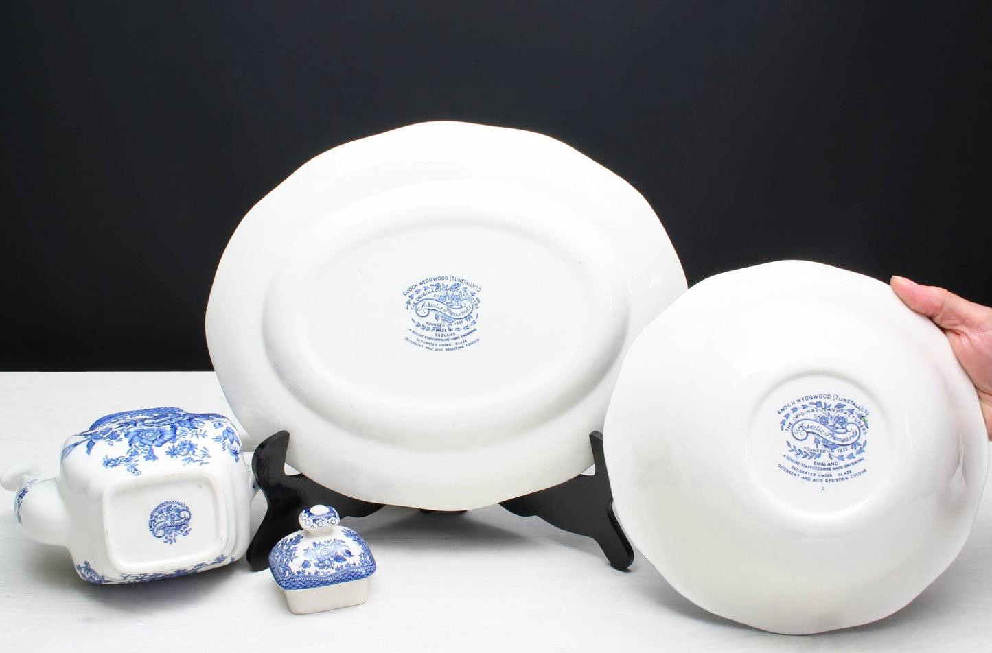 Enoch Wedgwood Kitchenware collectibles: teapot/coffee pitcher, platter, bowl | Blue and White Decor Tableware Made In England