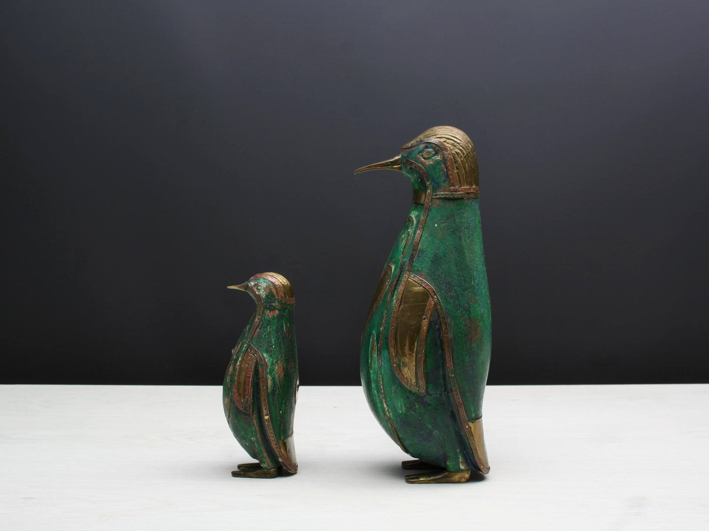 Pair of Penguin Figurines | Brass Wooden Birds| Decorative Bird Figurines | Bird Lovers Gift, Vintage Decor