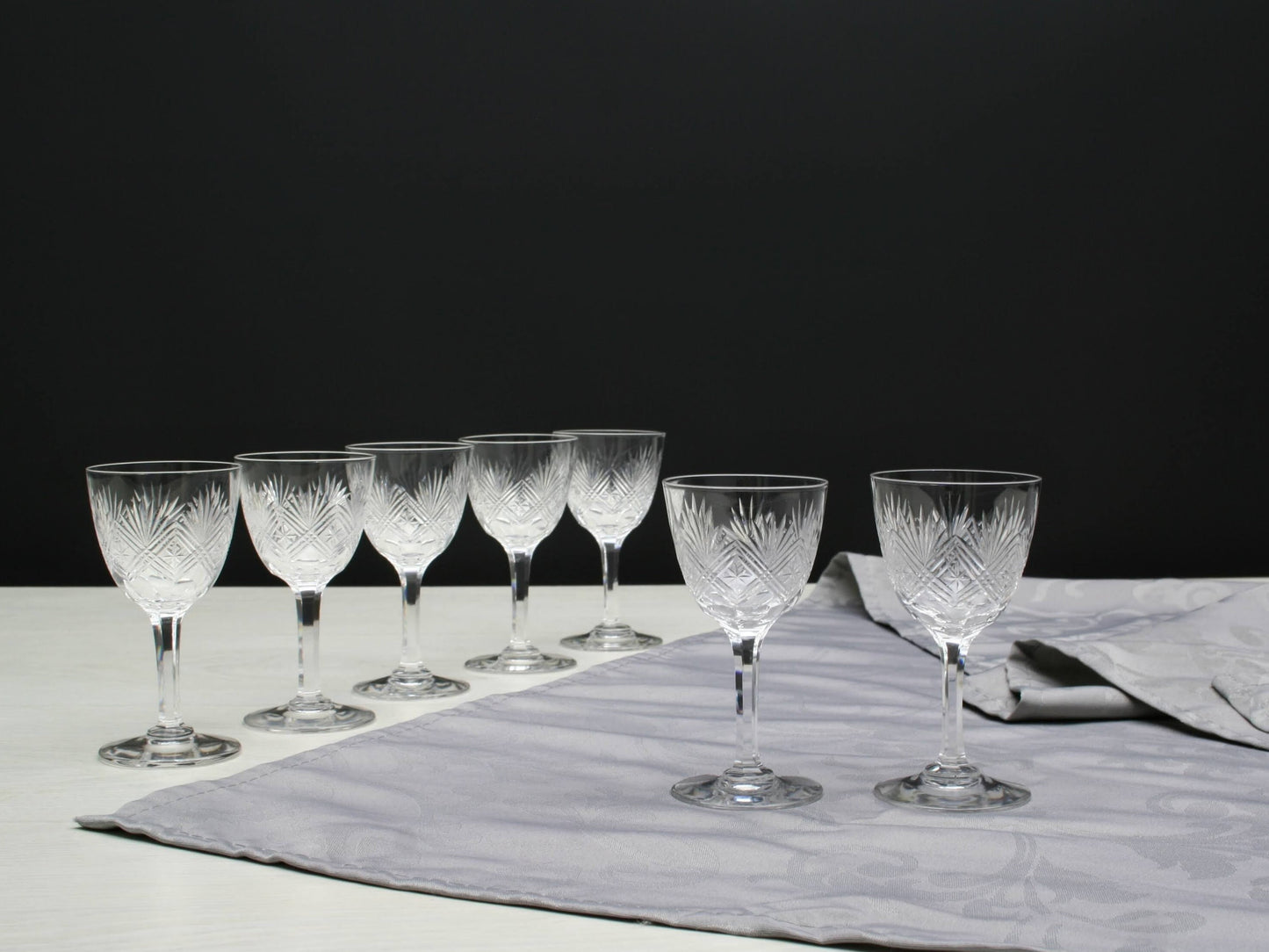 Set of 7 Cut Crystal Glasses , Napoleon 3 | Antique Liquor Glasses-Whiskey Glasses | Barware Set