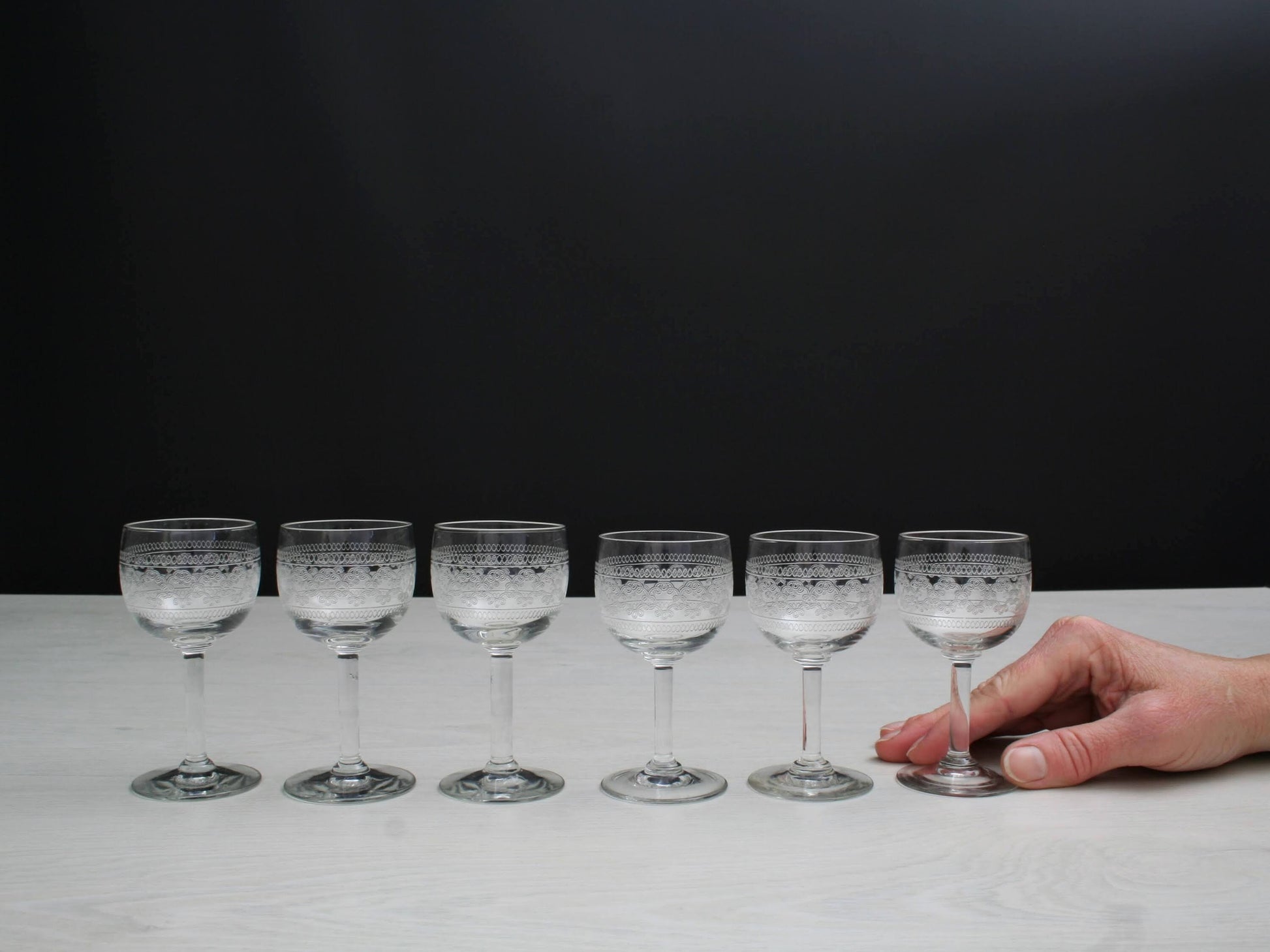 Antique Etched Shot Glass Set of 6 | Liquor Glasses- Barware Set