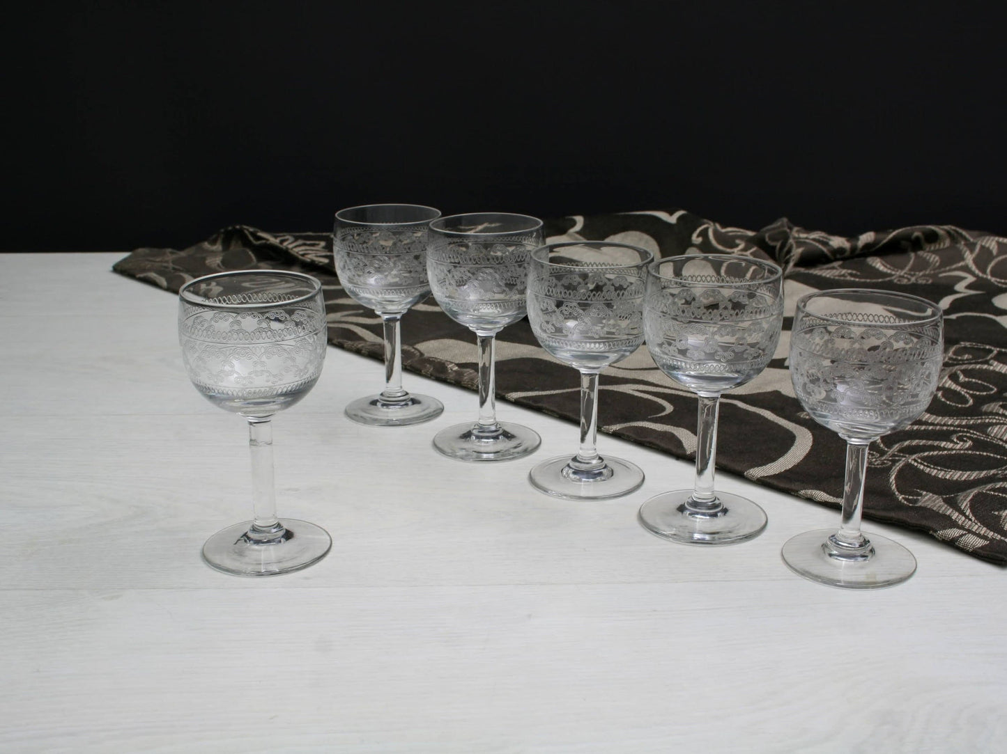 Antique Etched Shot Glass Set of 6 | Liquor Glasses- Barware Set