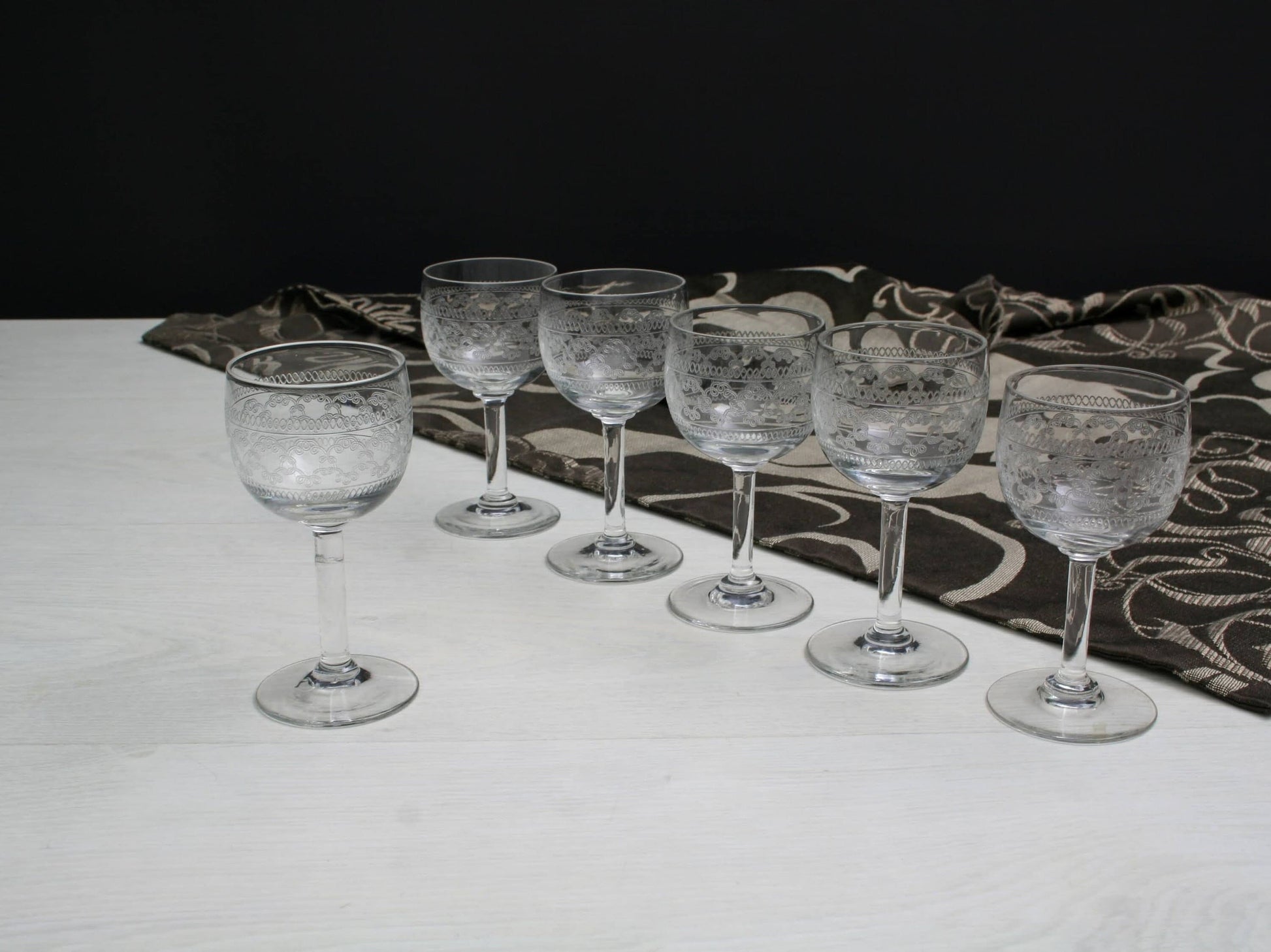 Antique Etched Shot Glass Set of 6 | Liquor Glasses- Barware Set