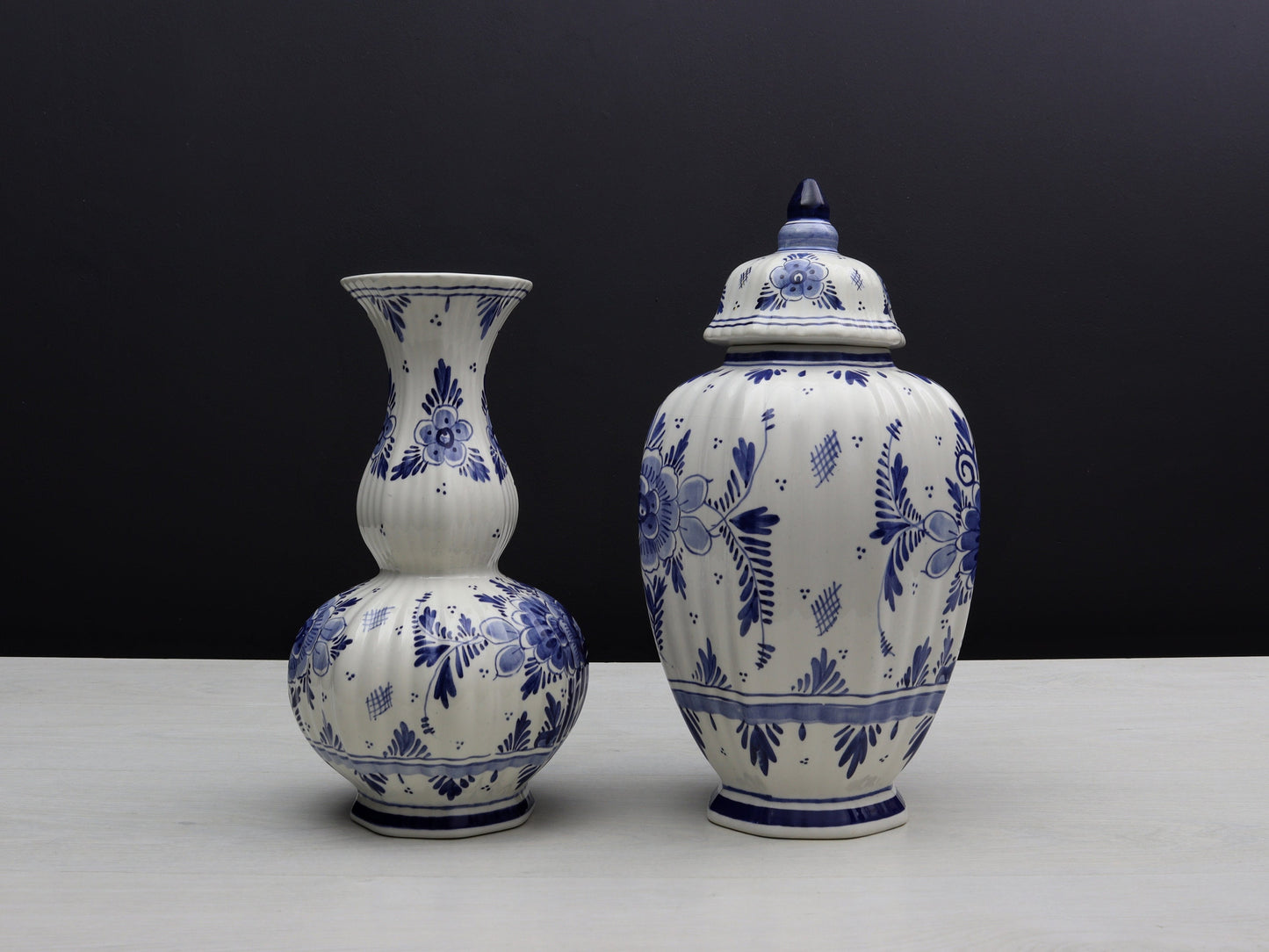 Delft Blue and White Vase Set |Flower Vase / Lidded Ginger Jar-Unique Urn | Delft Pottery-Vintage Home Decor