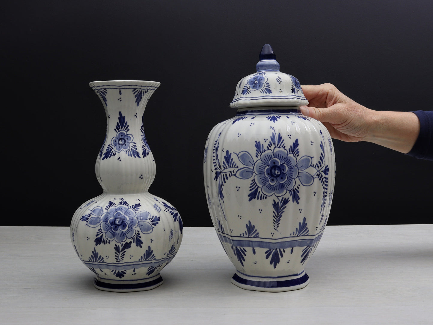 Delft Blue and White Vase Set |Flower Vase / Lidded Ginger Jar-Unique Urn | Delft Pottery-Vintage Home Decor