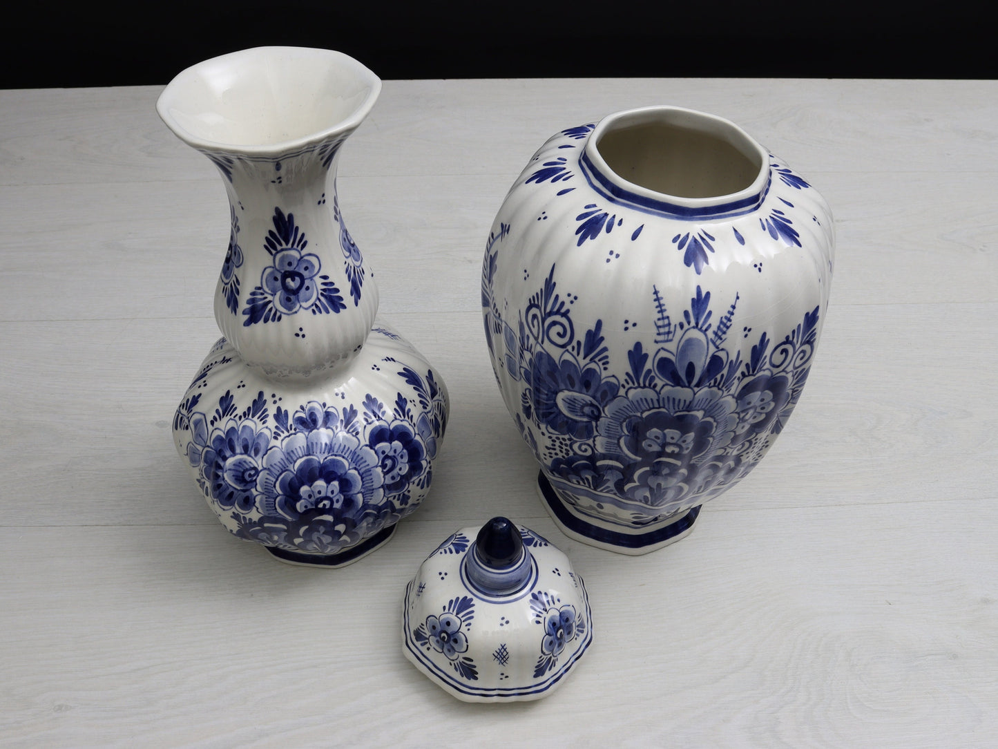 Delft Blue and White Vase Set |Flower Vase / Lidded Ginger Jar-Unique Urn | Delft Pottery-Vintage Home Decor