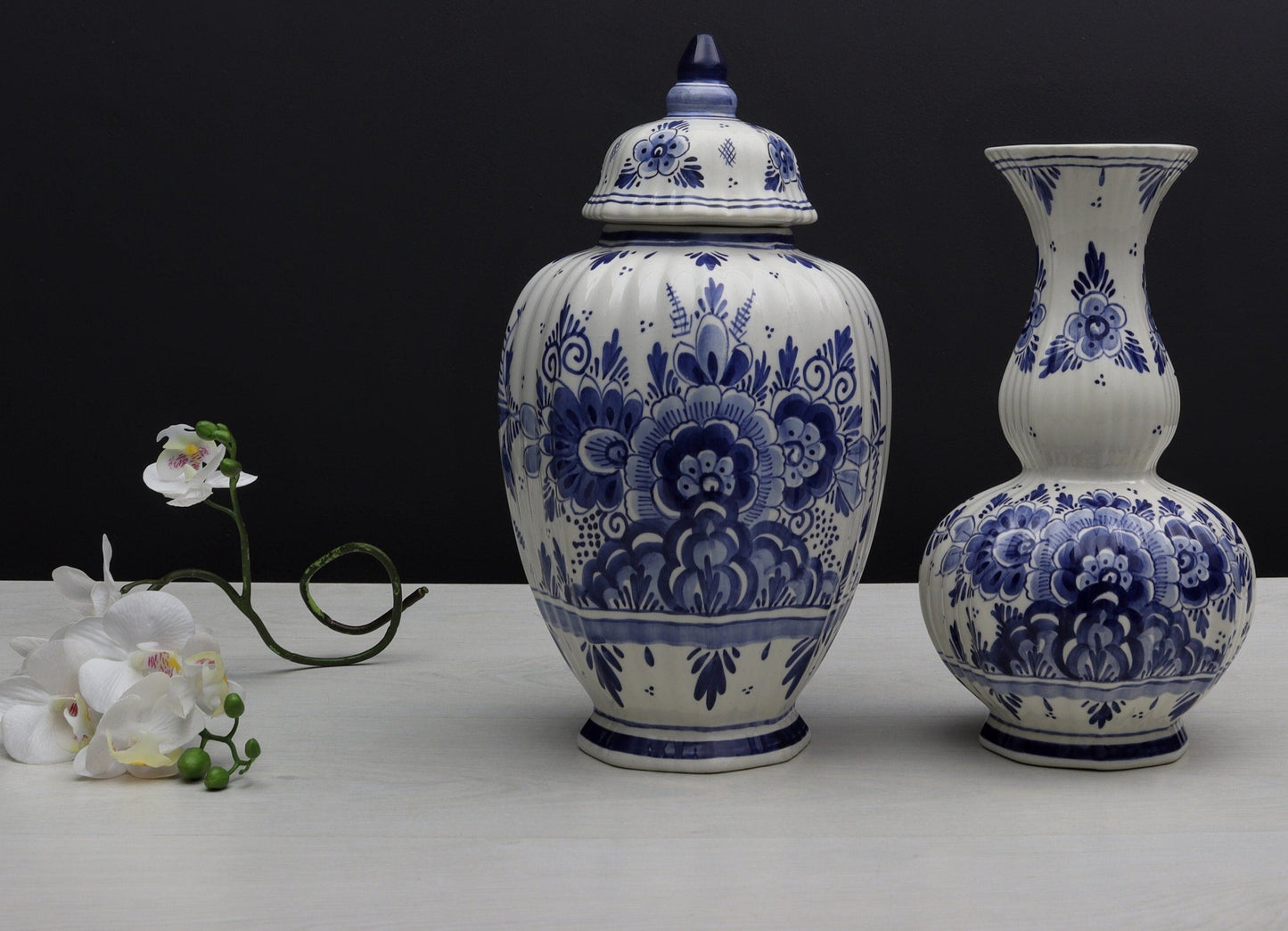 Delft Blue and White Vase Set |Flower Vase / Lidded Ginger Jar-Unique Urn | Delft Pottery-Vintage Home Decor