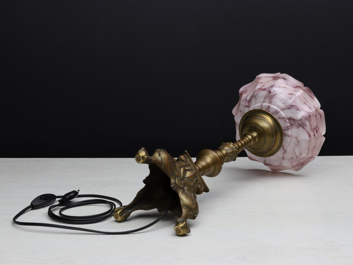 Brass Candle Holder Vintage Table Lamp with Pink Shade