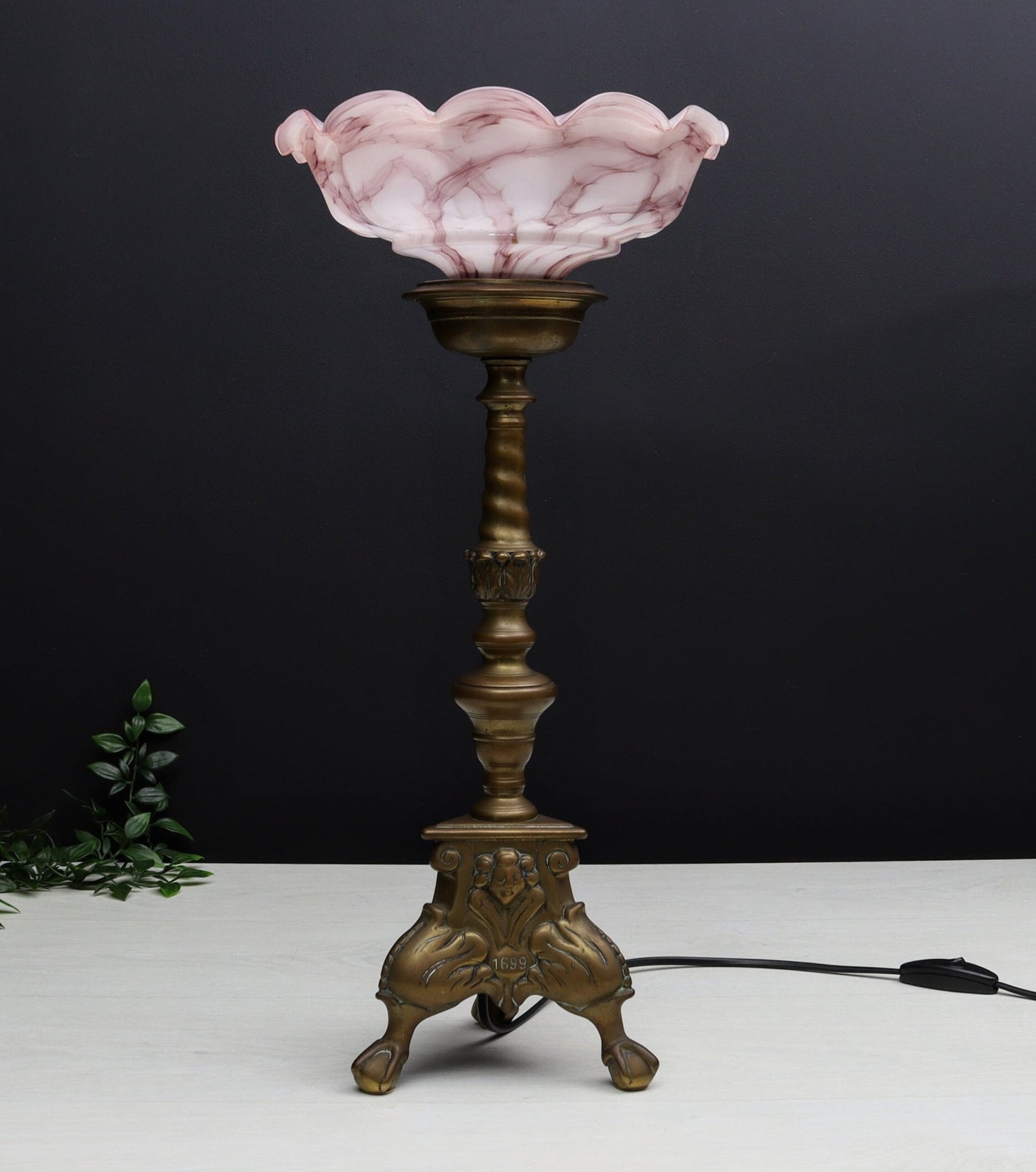 Brass Candle Holder Vintage Table Lamp with Pink Shade