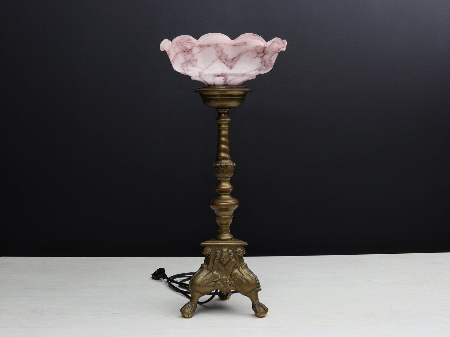 Brass Candle Holder Vintage Table Lamp with Pink Shade