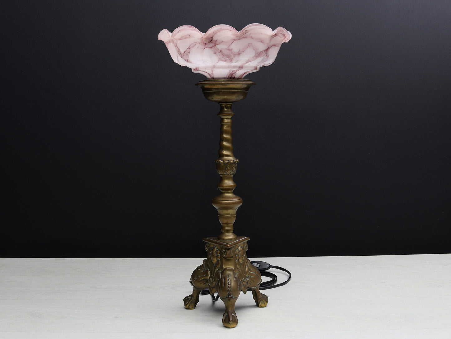 Brass Candle Holder Vintage Table Lamp with Pink Shade