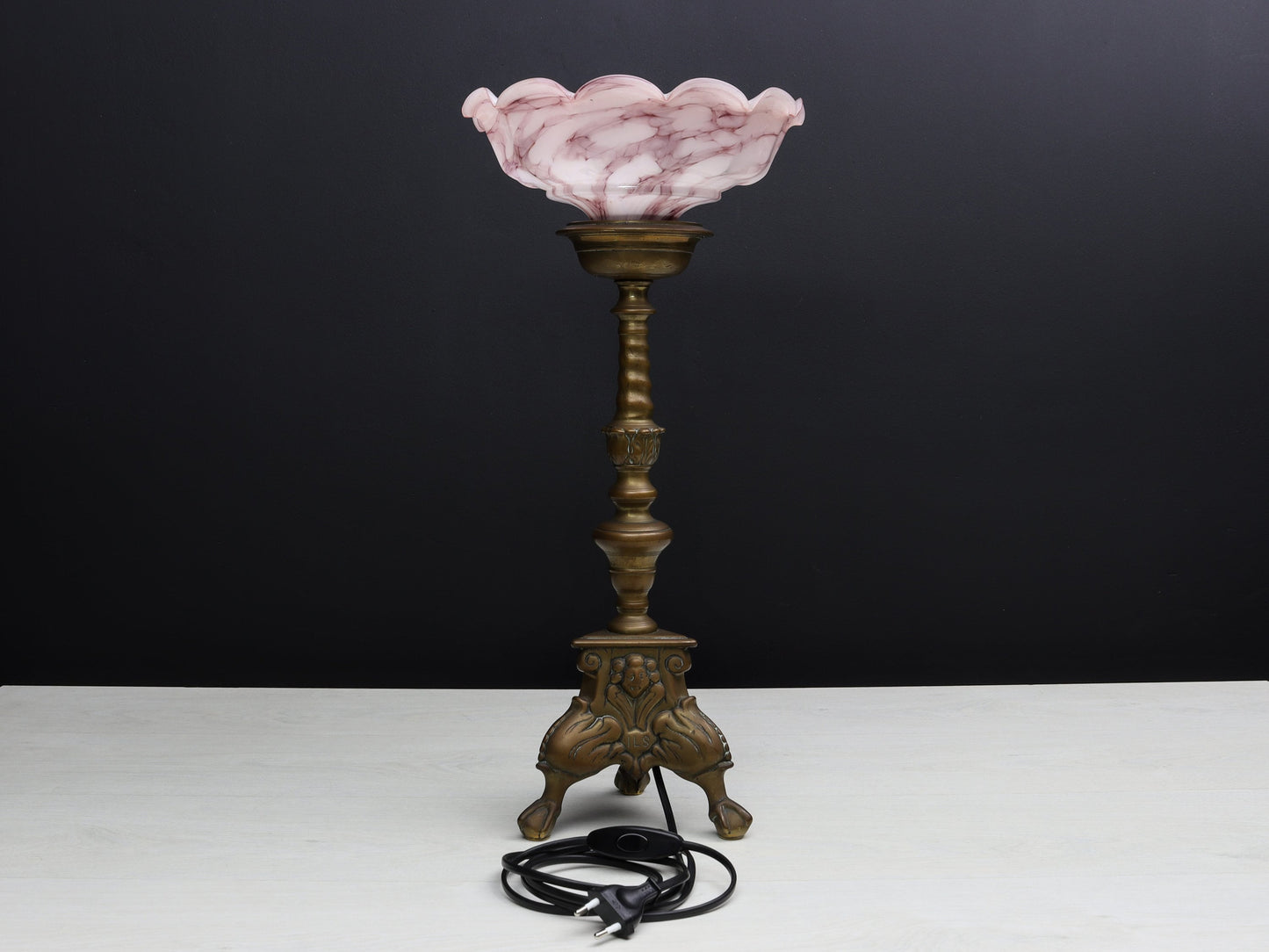 Brass Candle Holder Vintage Table Lamp with Pink Shade