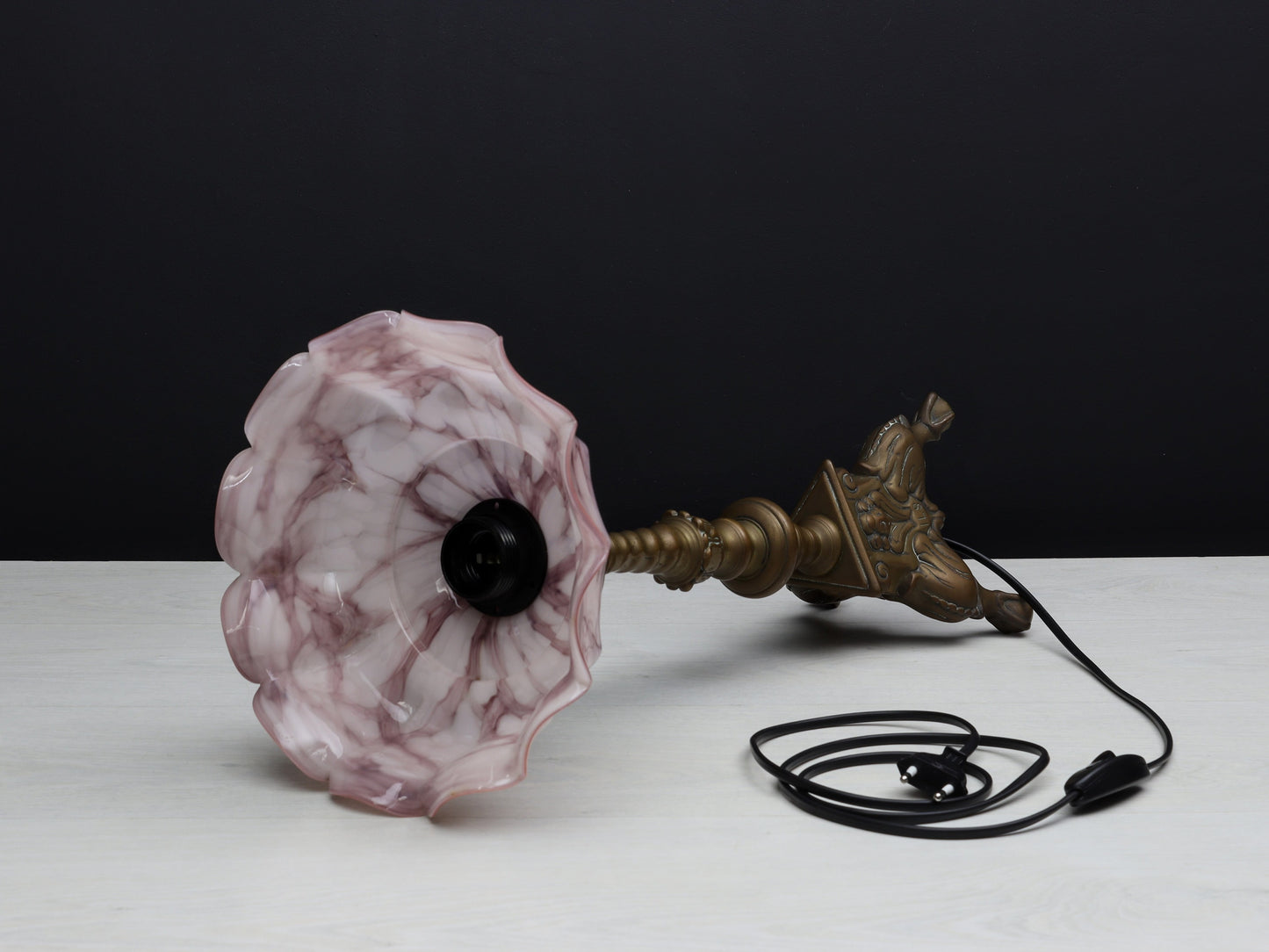 Brass Candle Holder Vintage Table Lamp with Pink Shade