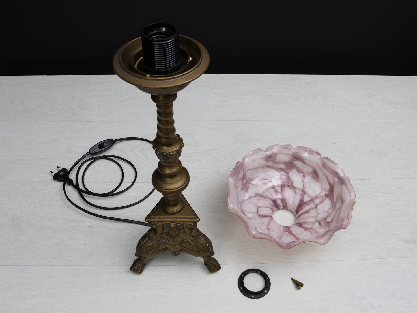 Brass Candle Holder Vintage Table Lamp with Pink Shade