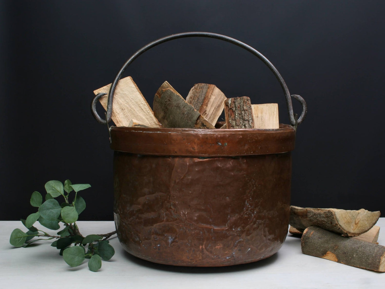 Antique brass kettle or copper cauldron is perfect for fireplace decor, firewood holder, or unique planter.