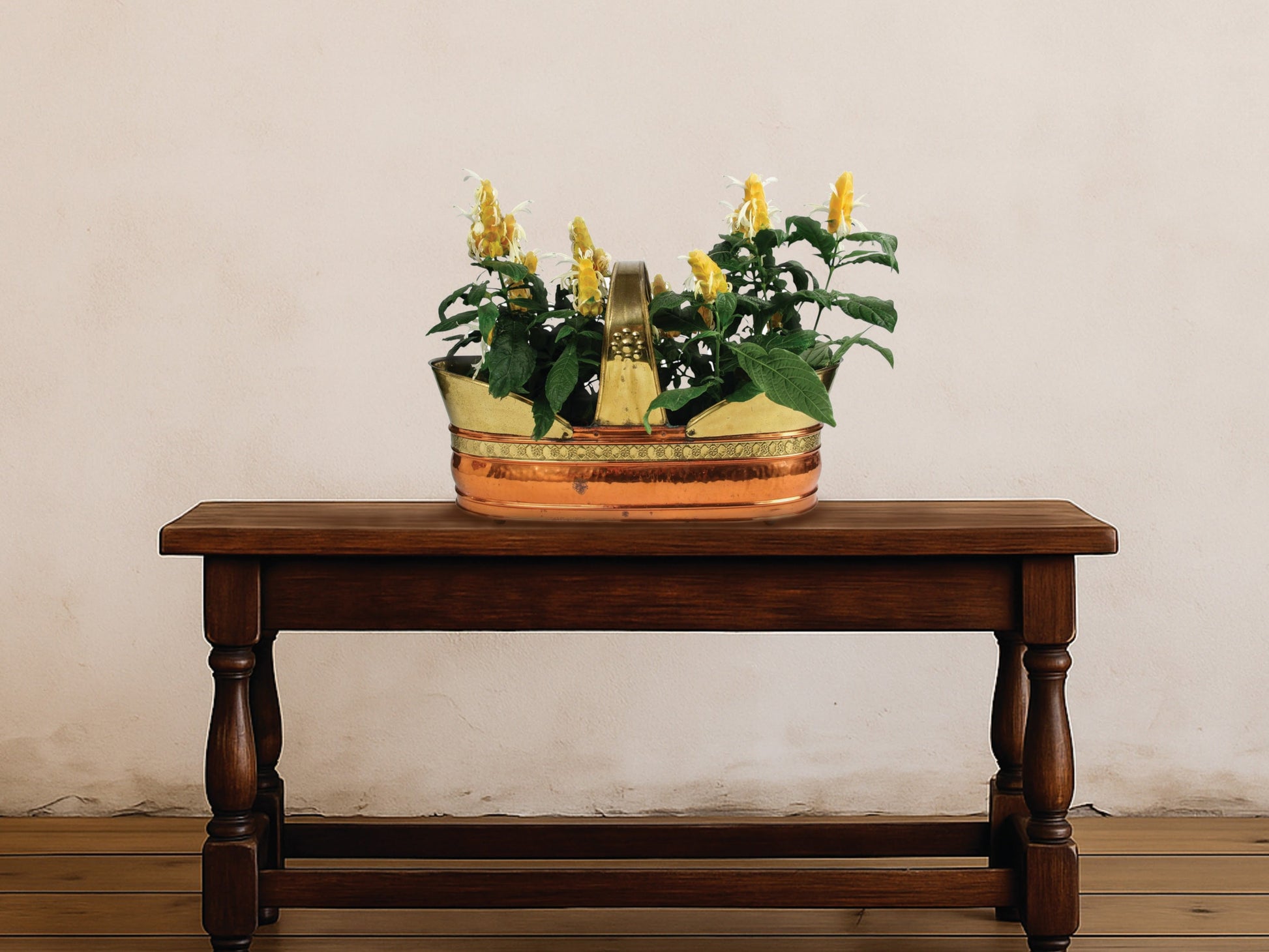 vintage plant holder made of brass and copper with aluminum insert for the perfect indoor planter pot 