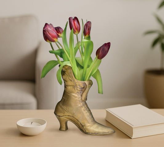 Large Vintage Brass Boot | impressive Flower Vase or Brass Planter | Brass Decor Collectibles for Shelf Decor & Table Decor