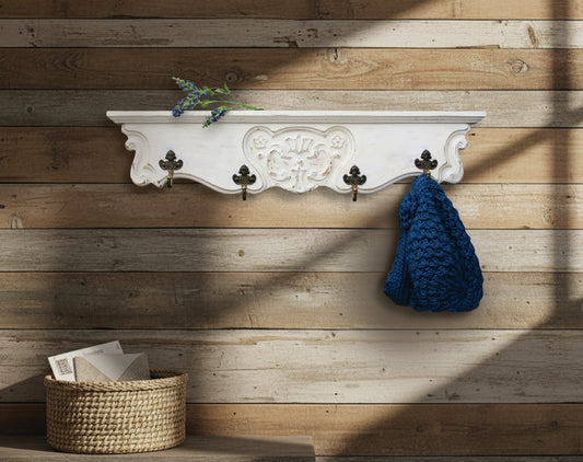 Vintage 1950s Belgian white wood coat rack with shelf and four brass hooks. Perfect shabby chic wall decor.