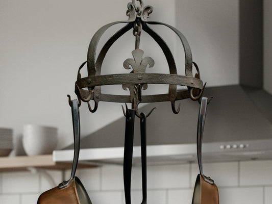 Gorgeous French antique wrought iron hanging rack from the late 1800s Originally a sausage dryer, this versatile hanging pot rack features eight large wrought iron hooks and three smaller ones. If you're looking for that one of a kind ceiling pot rack for your modern or vintage home decor, this is it.