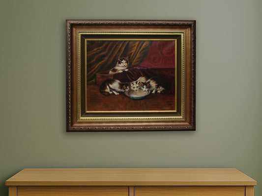 Vintage oil painting of playful kittens. Charming original artwork and a perfect gift for cat lovers.