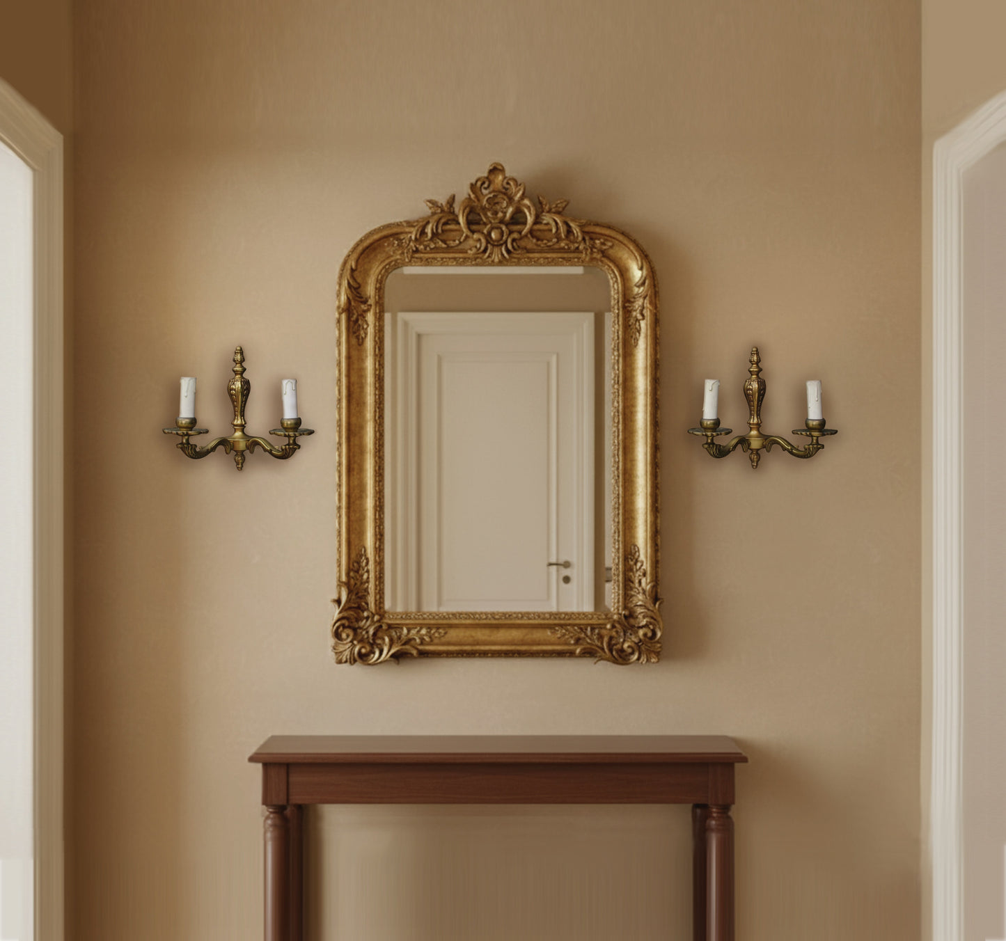 Vintage solid brass wall sconce lighting pair. 2-arm antique accent lamps for unique home decor.